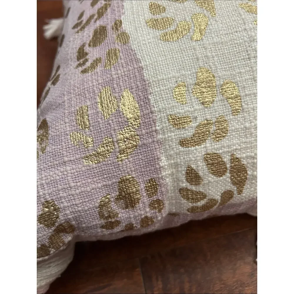 Anthropologie Large Boho Metallic Gold and Lavender Tasseled Pillow, 20”x20”